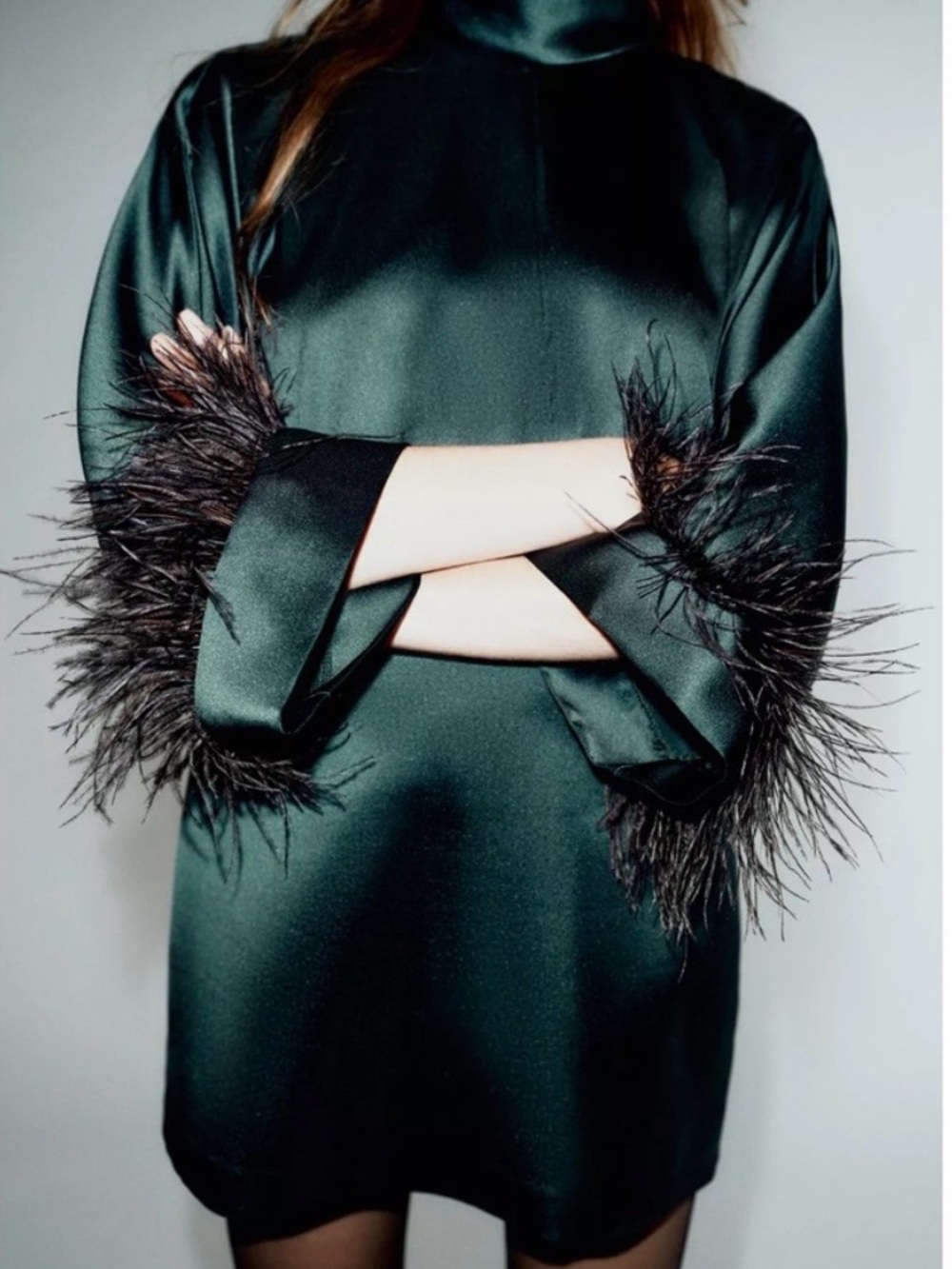 Zara Dark Teal Satin Mini Dress with Feather Trim - Picture 4 of 10